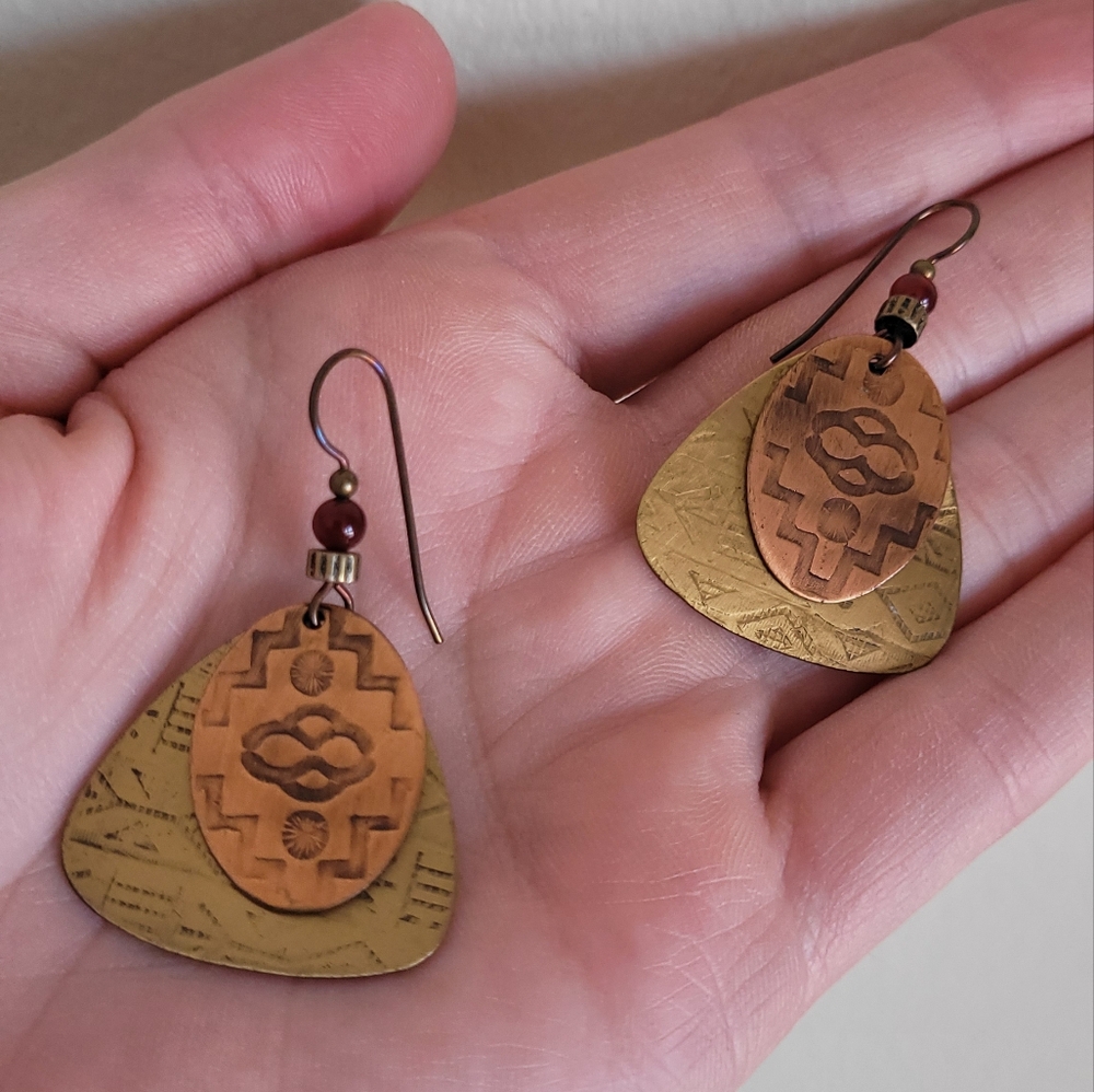 Brass and copper guitar pick southwestern dangle earrings - Picture 3 of 4